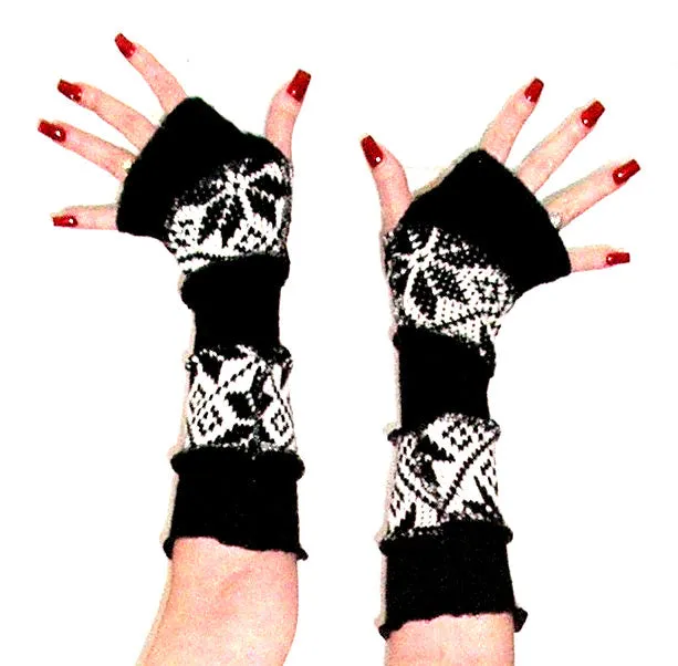 Arm Warmers "Midnight Snow" Black And White Recycled Snowflake Sweaters Patchwork Thumb Holes Fingerless Texting Gloves