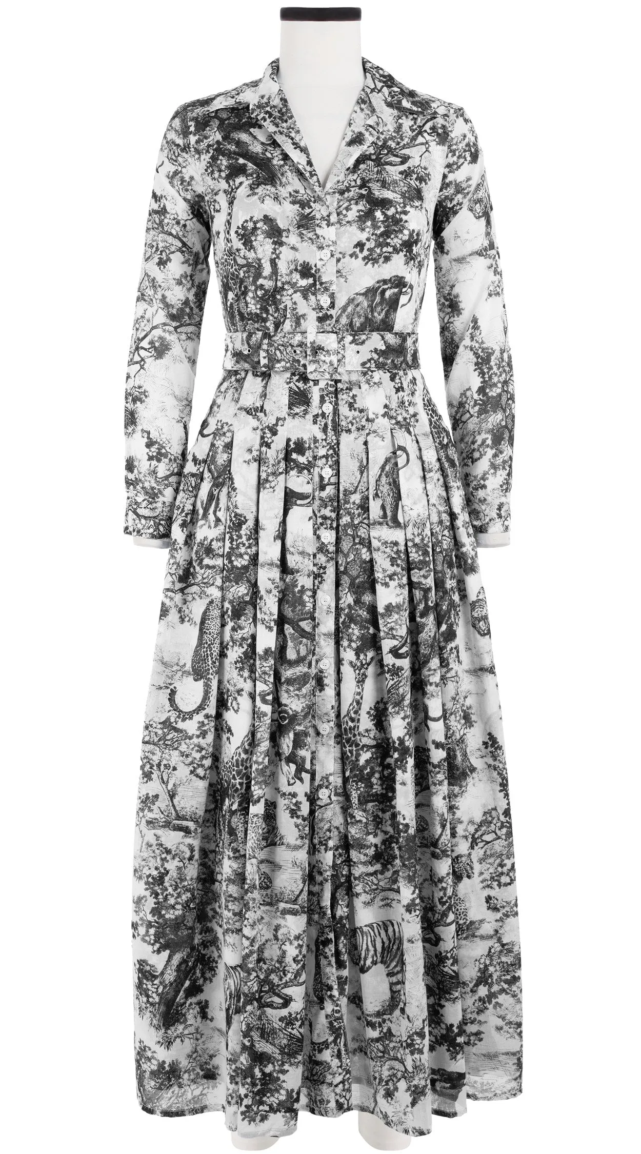 Audrey Dress #4 Shirt Collar 3/4 Sleeve Maxi Length Cotton Musola (Safari Toile White)