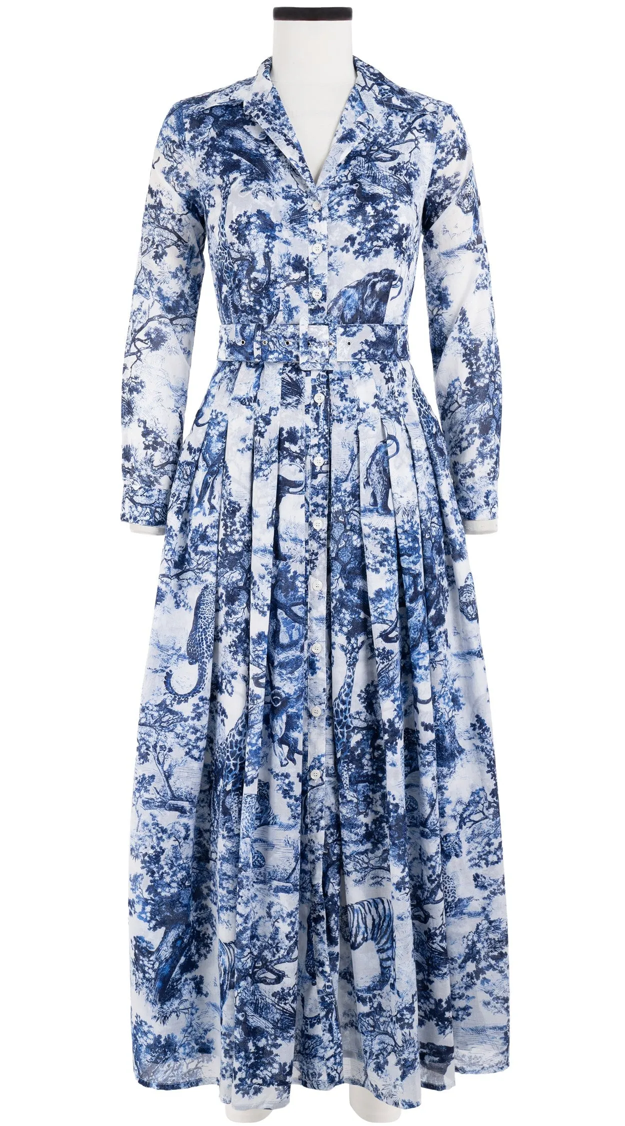 Audrey Dress #4 Shirt Collar 3/4 Sleeve Maxi Length Cotton Musola (Safari Toile White)