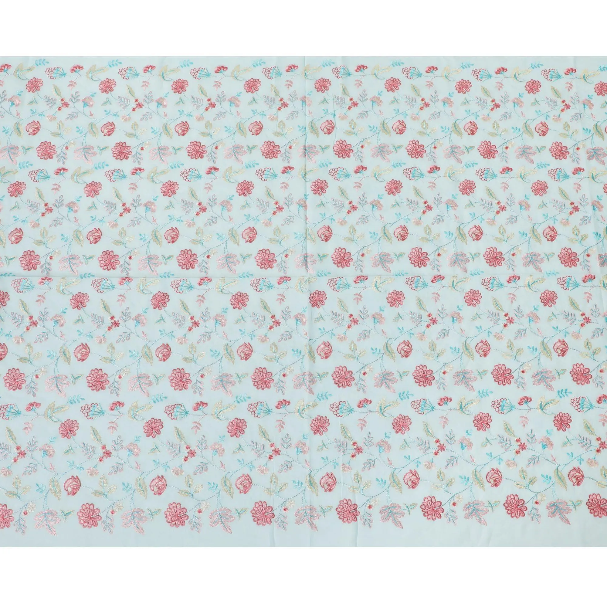 Baby blue premium pure cotton voile fabric with same tone, baby pink and beige embroidery in floral design-D13641