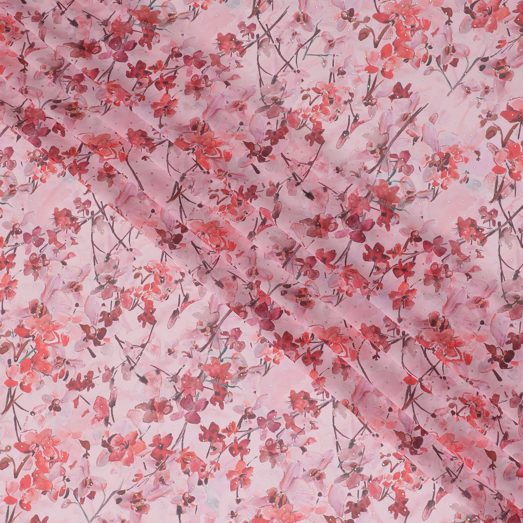 Baby pink synthetic georgette fabric with multicolor print in floral design-D16858