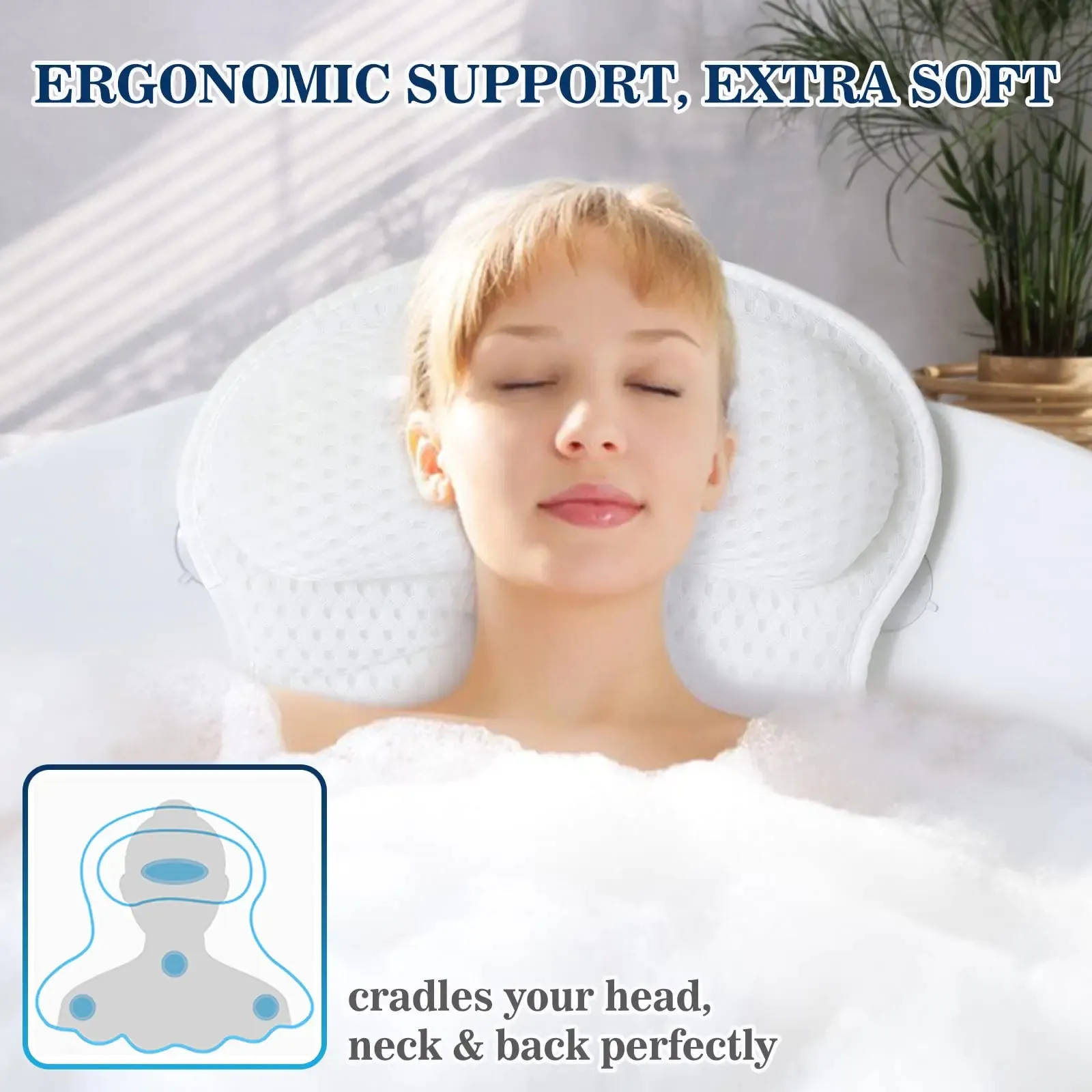 Bath Tub Pillow Headrest with Soft Mesh Fabric, Non-Slip Suction Cups