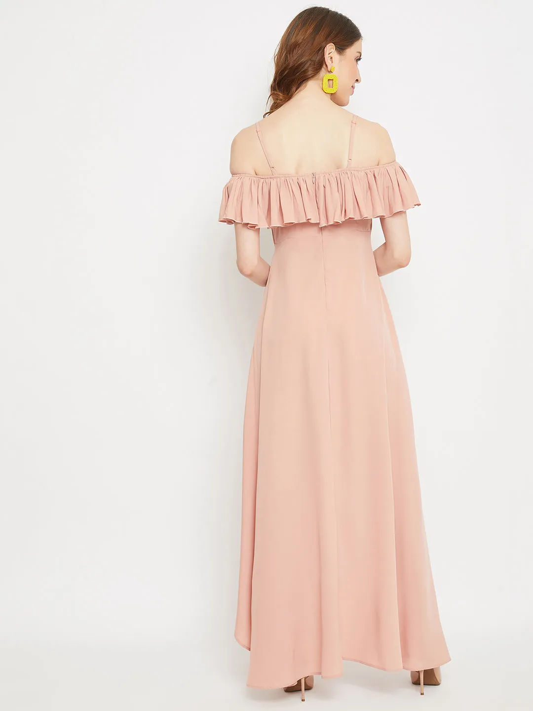 Berrylush Women Solid Pink Ruffled Off-Shoulder Maxi Dress