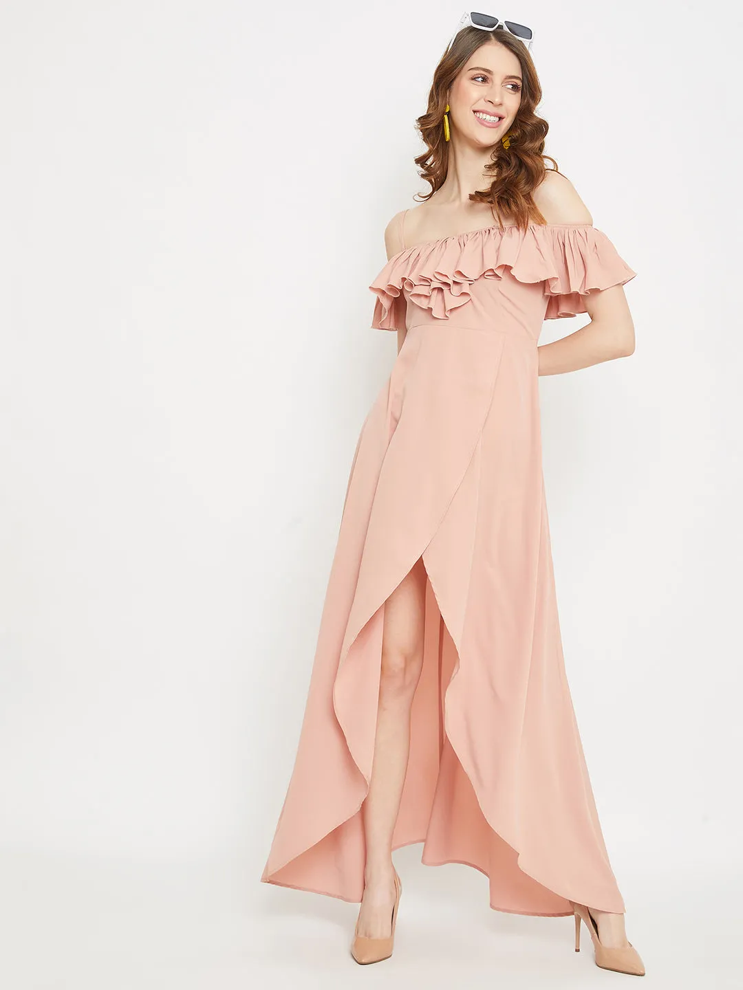 Berrylush Women Solid Pink Ruffled Off-Shoulder Maxi Dress