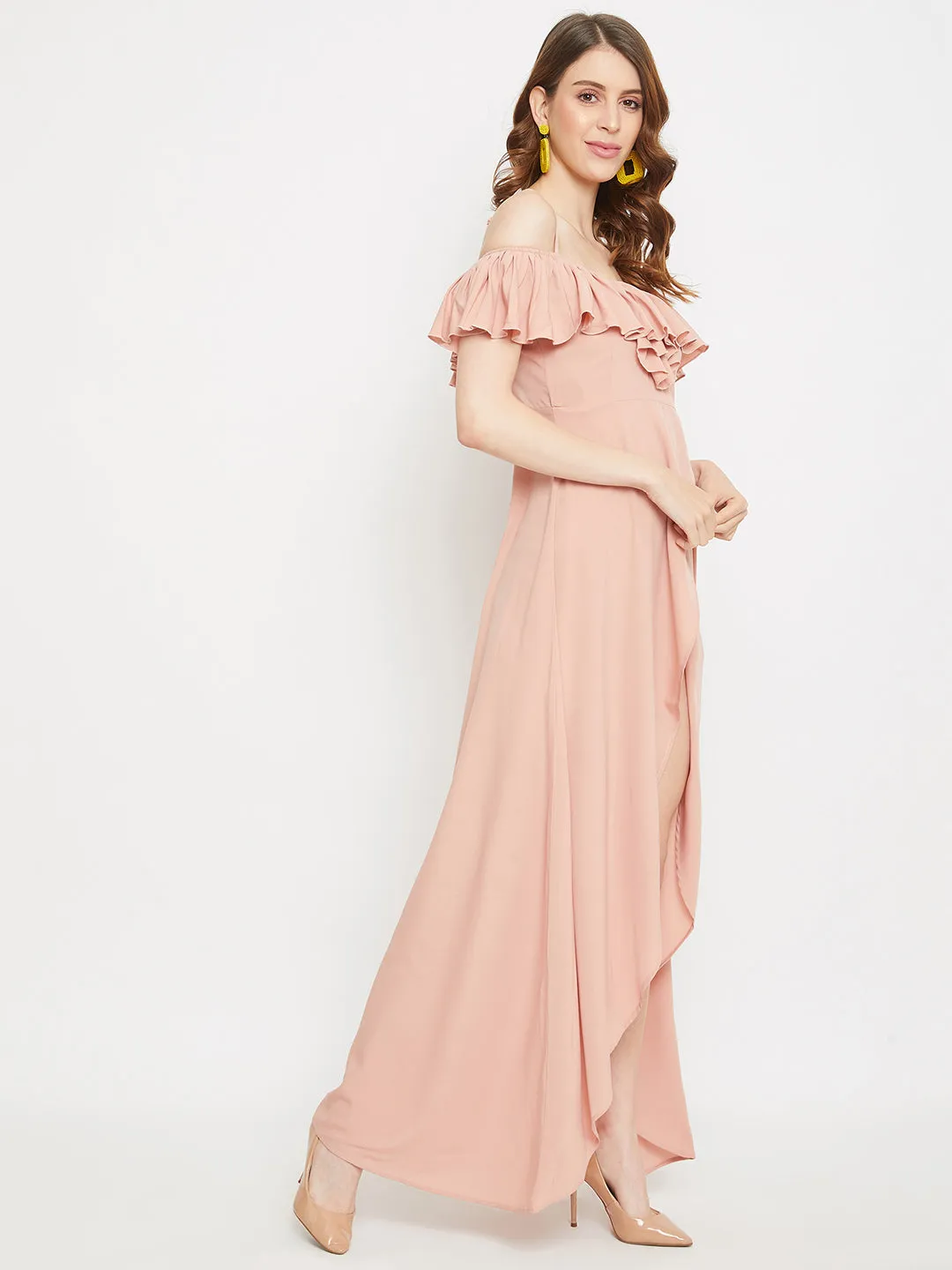 Berrylush Women Solid Pink Ruffled Off-Shoulder Maxi Dress