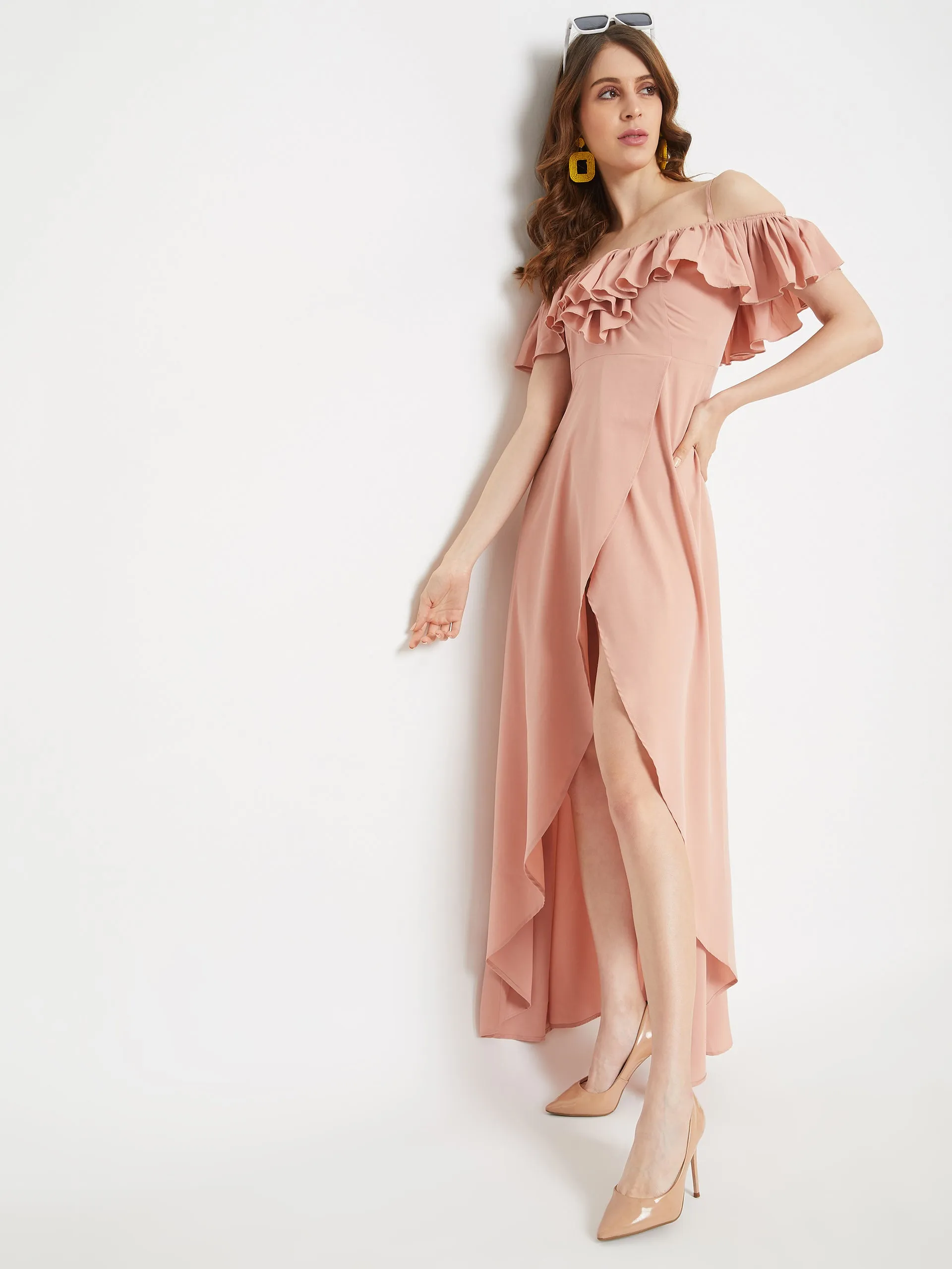 Berrylush Women Solid Pink Ruffled Off-Shoulder Maxi Dress