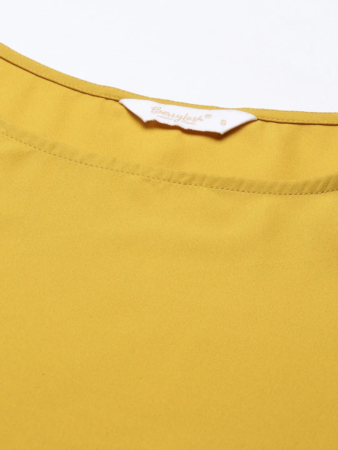 Berrylush Women Solid Yellow Crepe Waist Tie-ups High-Low Top