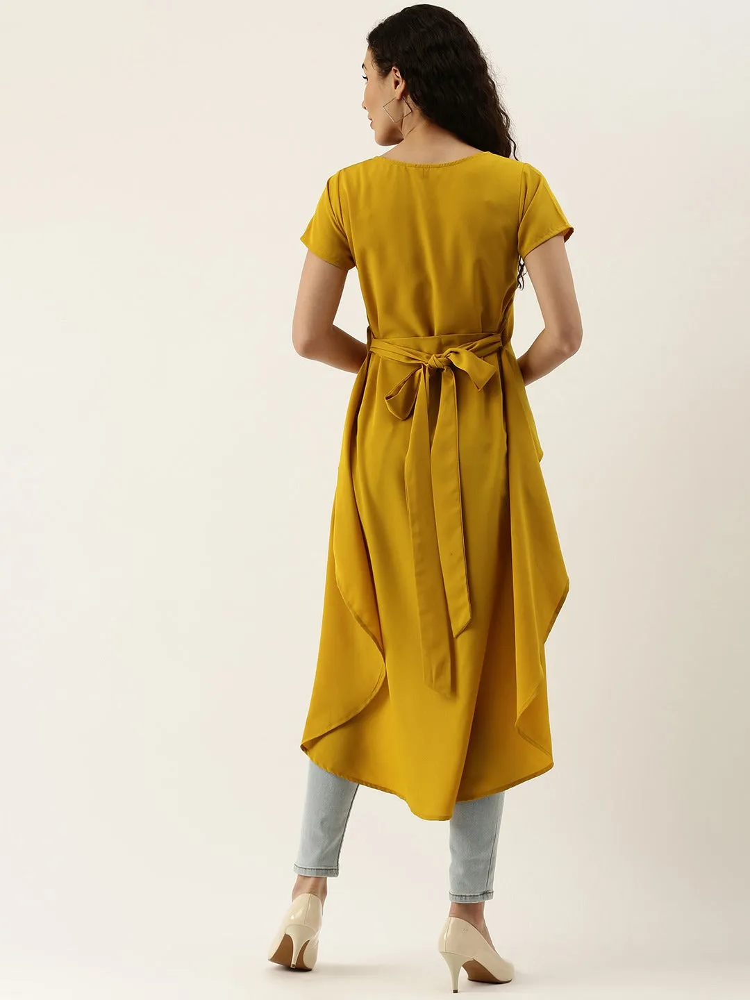 Berrylush Women Solid Yellow Crepe Waist Tie-ups High-Low Top