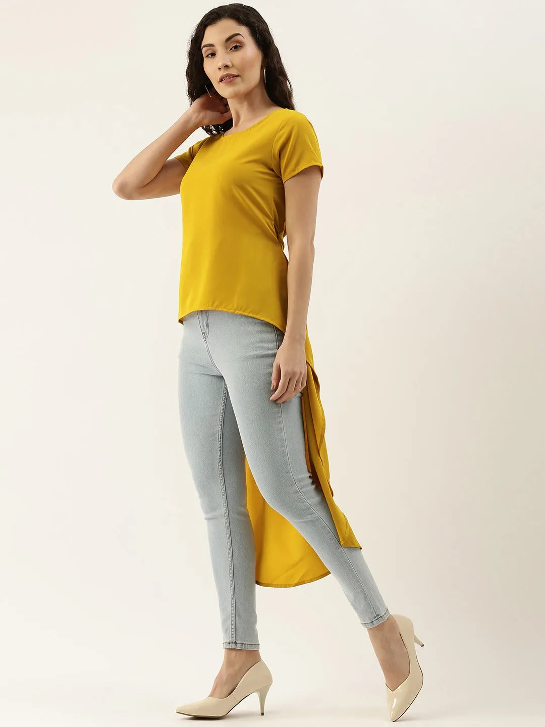 Berrylush Women Solid Yellow Crepe Waist Tie-ups High-Low Top