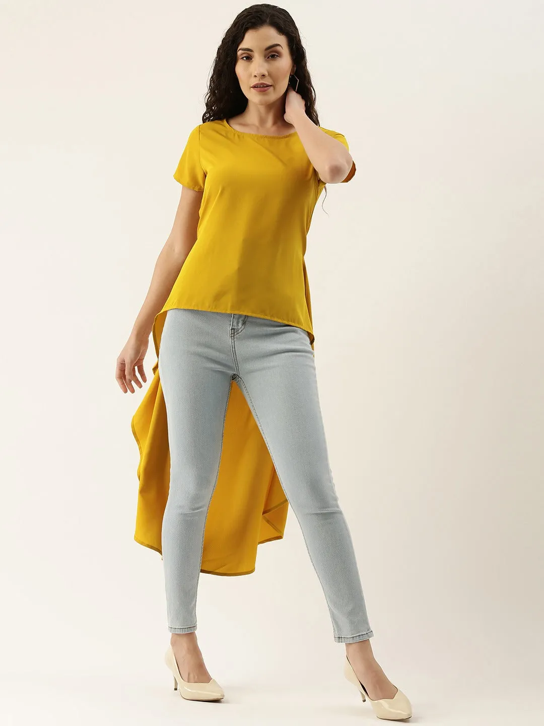Berrylush Women Solid Yellow Crepe Waist Tie-ups High-Low Top
