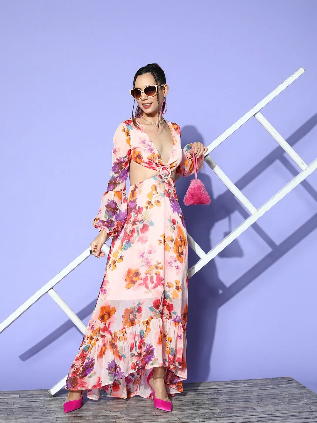 Berrylush Women White & Pink Floral Printed V-Neck Bishop Sleeves Chiffon Cutout Flared A-Line Maxi Dress