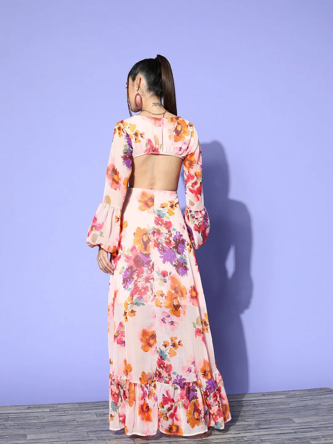 Berrylush Women White & Pink Floral Printed V-Neck Bishop Sleeves Chiffon Cutout Flared A-Line Maxi Dress