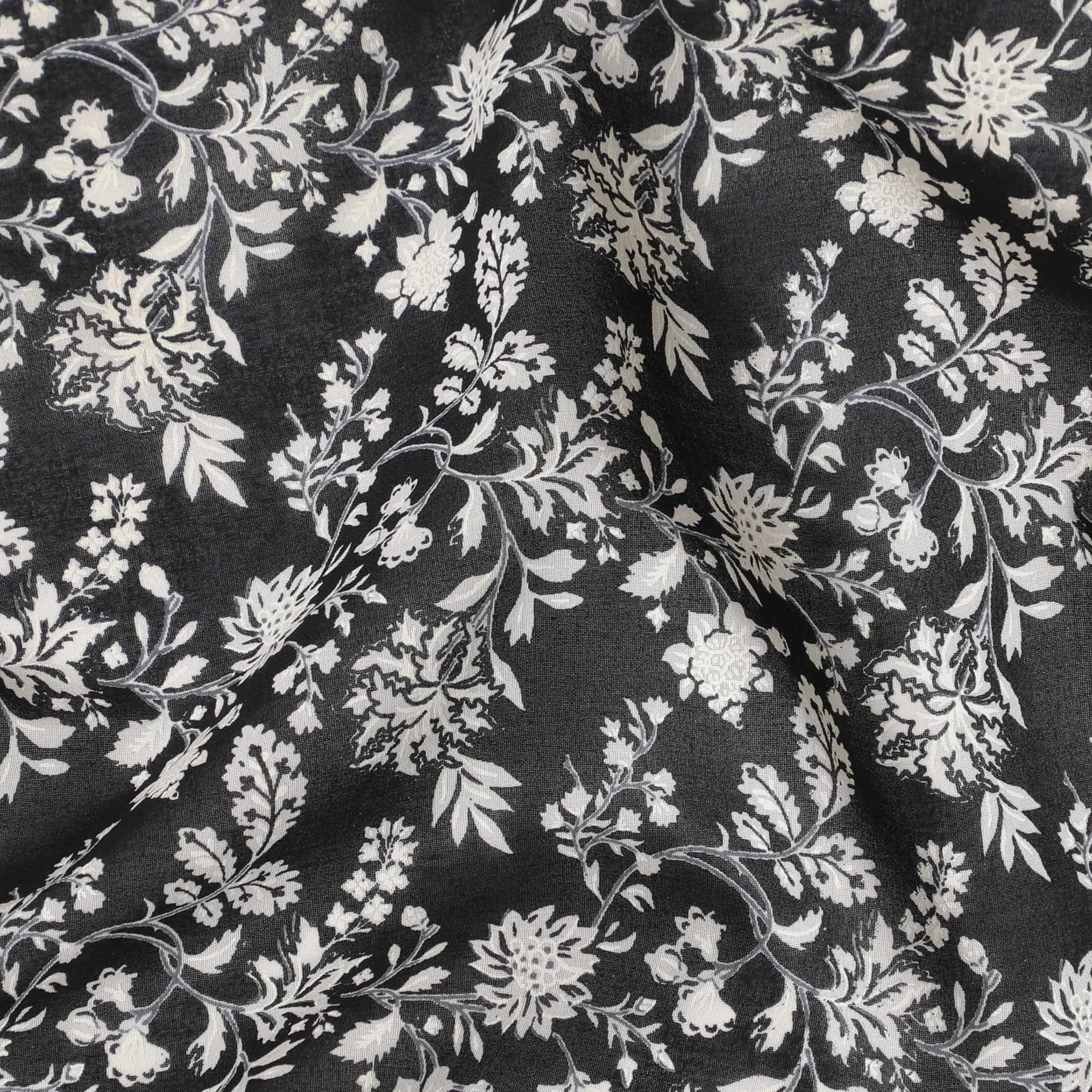 Black cotton voile fabric with beige print in floral design-D15145