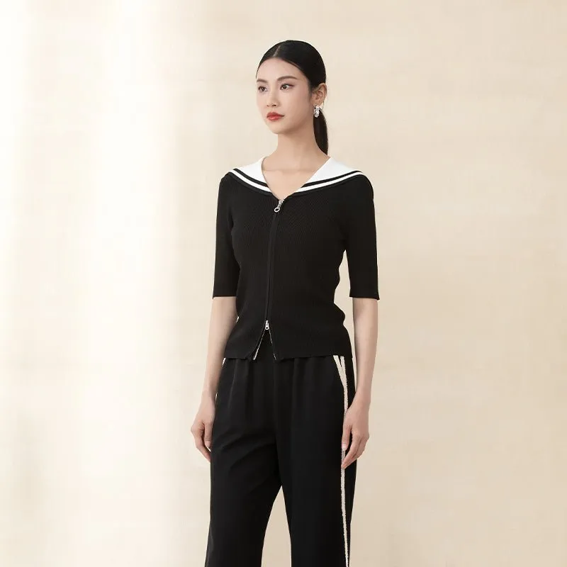 Black Naval Collar Knitted Slim T-shirt