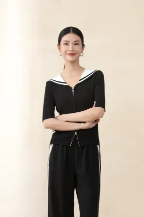 Black Naval Collar Knitted Slim T-shirt