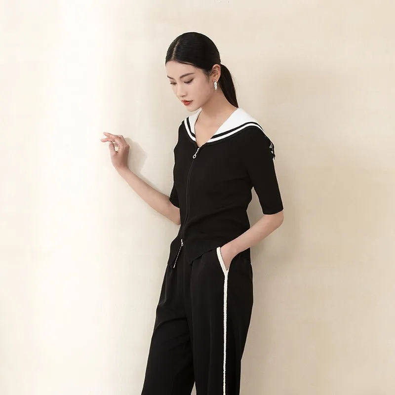 Black Naval Collar Knitted Slim T-shirt
