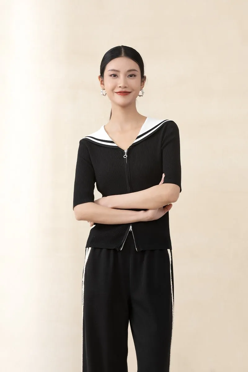 Black Naval Collar Knitted Slim T-shirt