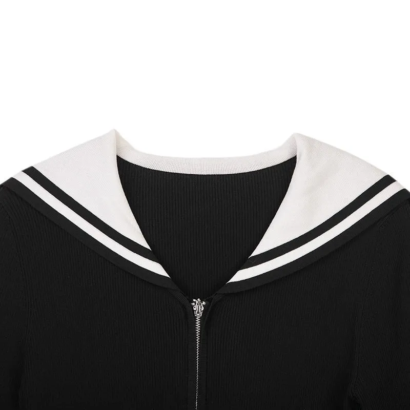 Black Naval Collar Knitted Slim T-shirt