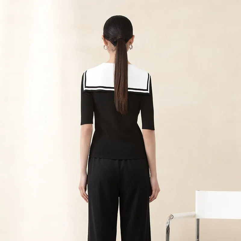 Black Naval Collar Knitted Slim T-shirt
