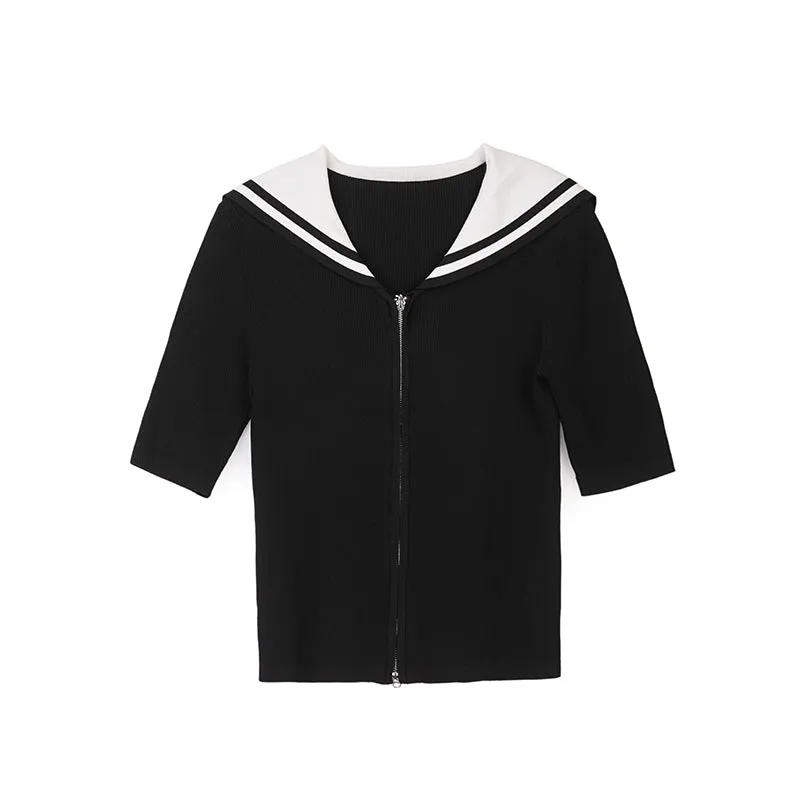 Black Naval Collar Knitted Slim T-shirt