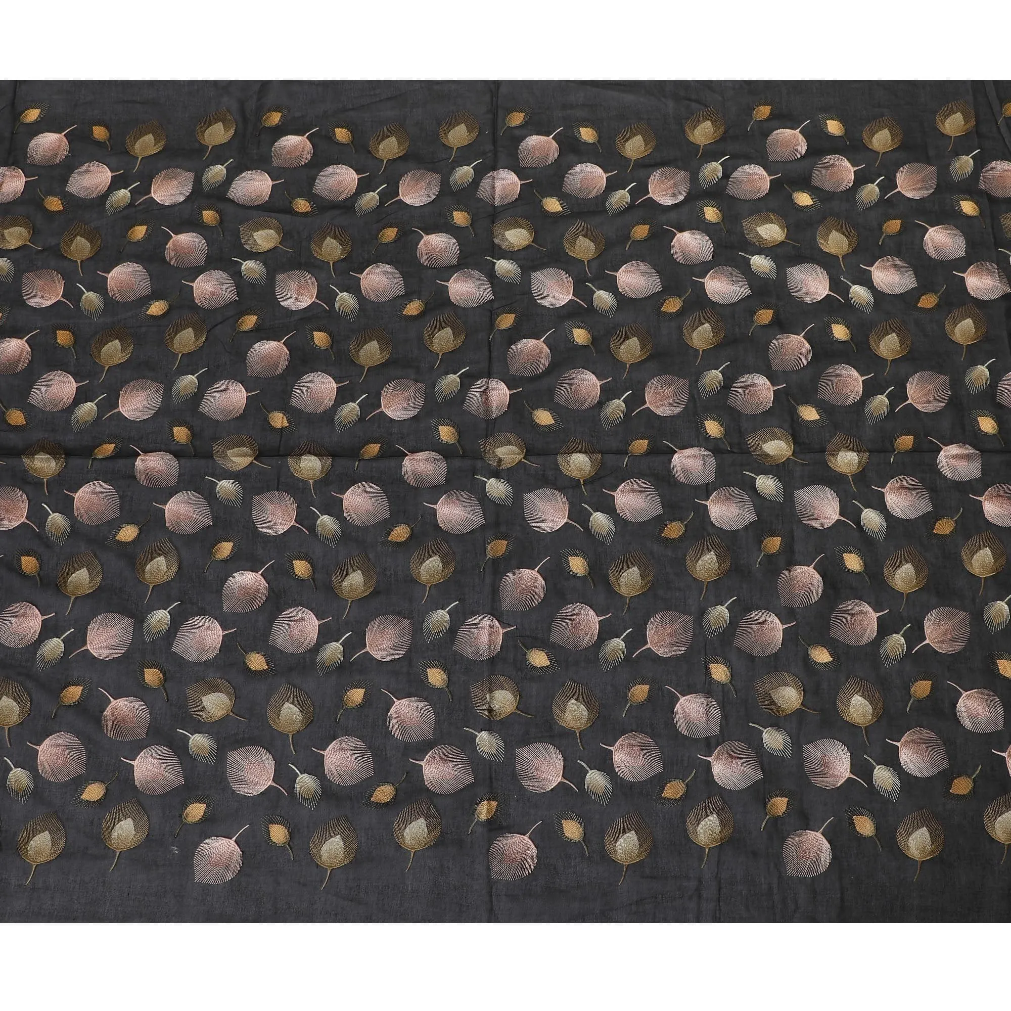 Black premium pure cotton voile fabric with gold and pale copper embroidery in floral design-D13639