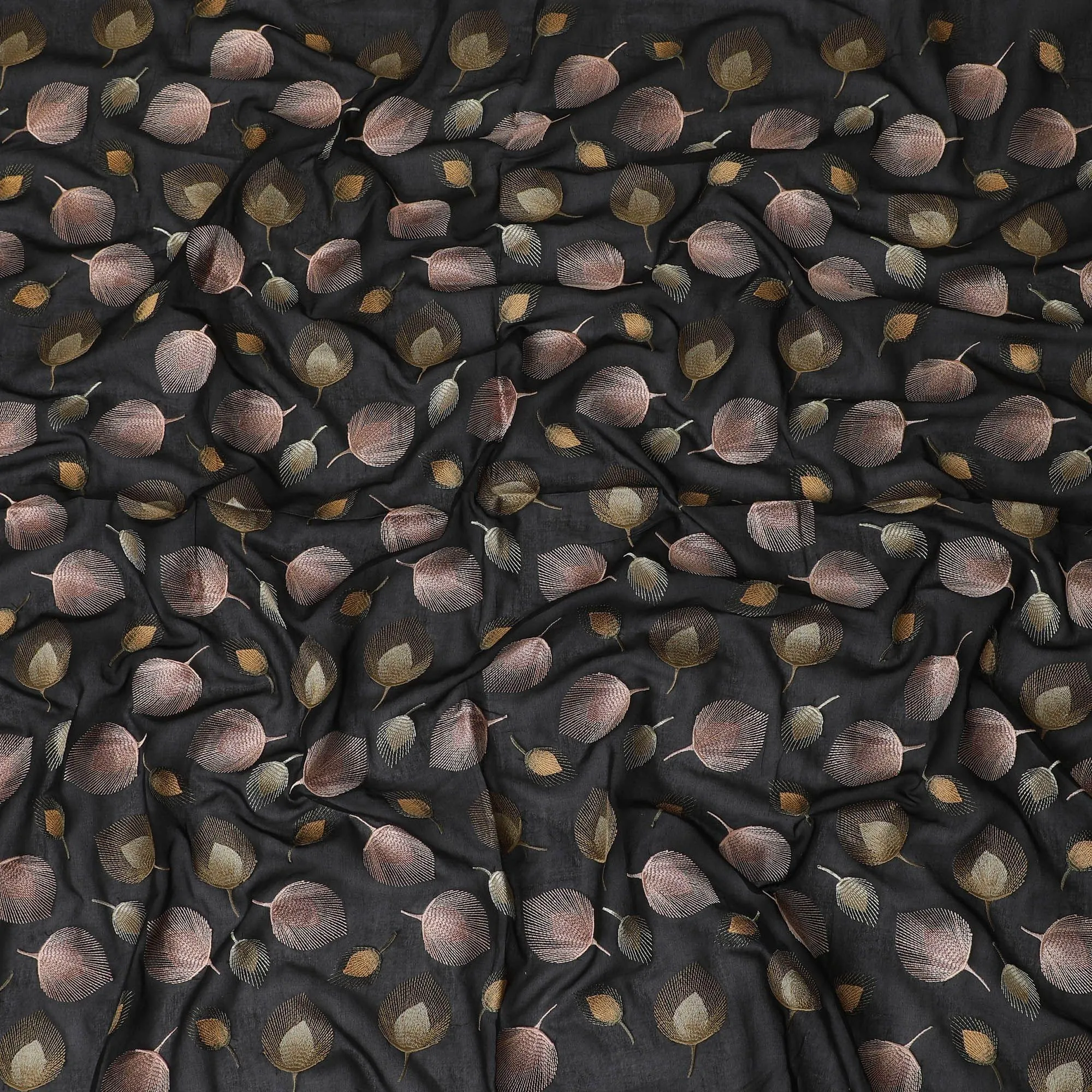 Black premium pure cotton voile fabric with gold and pale copper embroidery in floral design-D13639