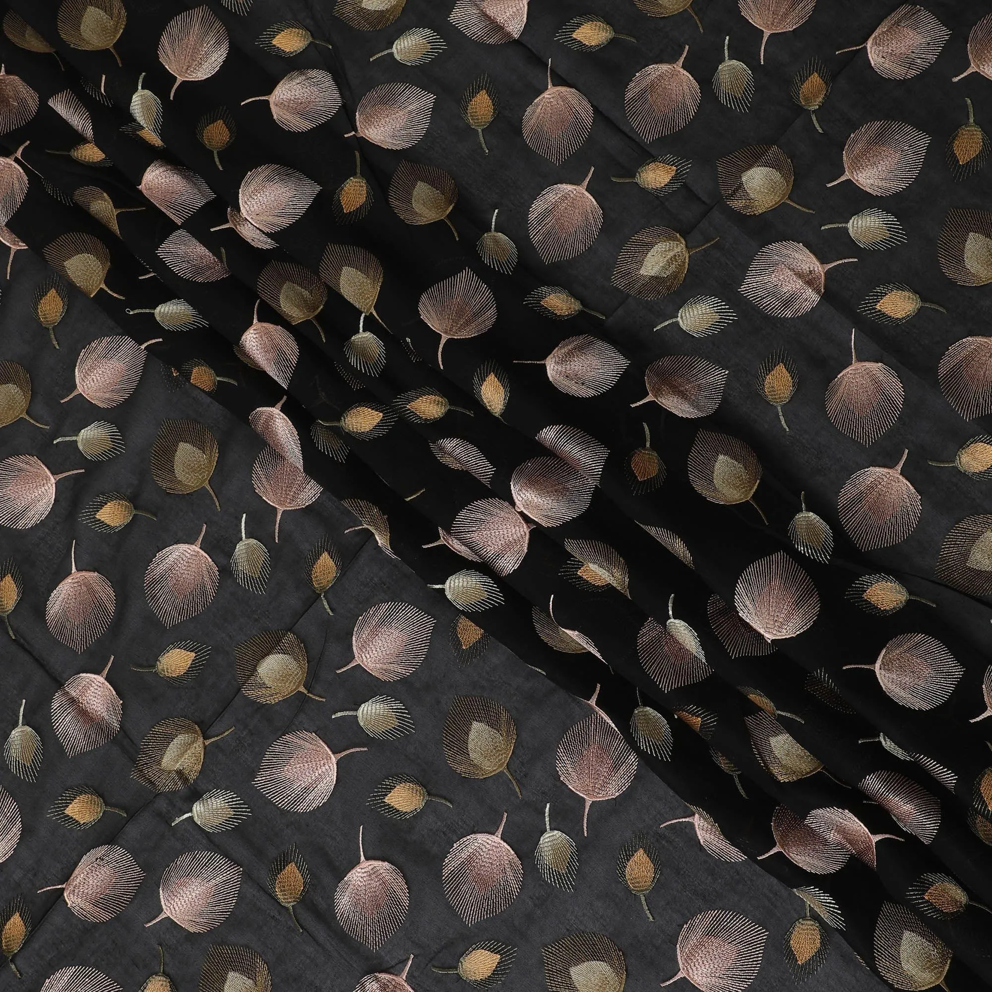 Black premium pure cotton voile fabric with gold and pale copper embroidery in floral design-D13639