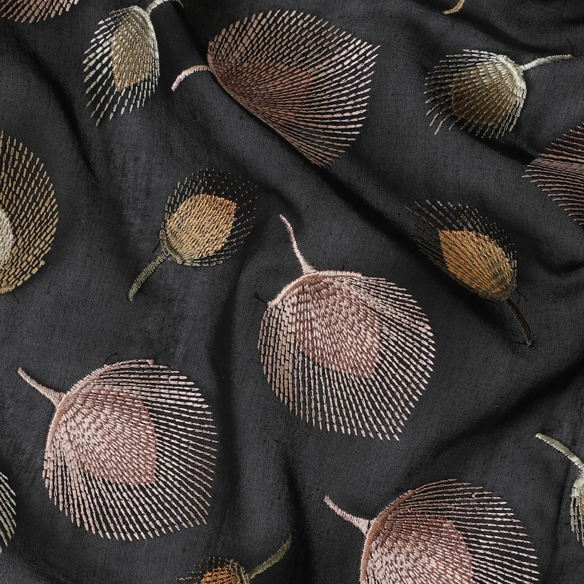 Black premium pure cotton voile fabric with gold and pale copper embroidery in floral design-D13639