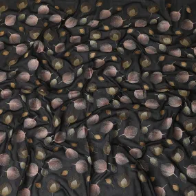 Black premium pure cotton voile fabric with gold and pale copper embroidery in floral design-D13639