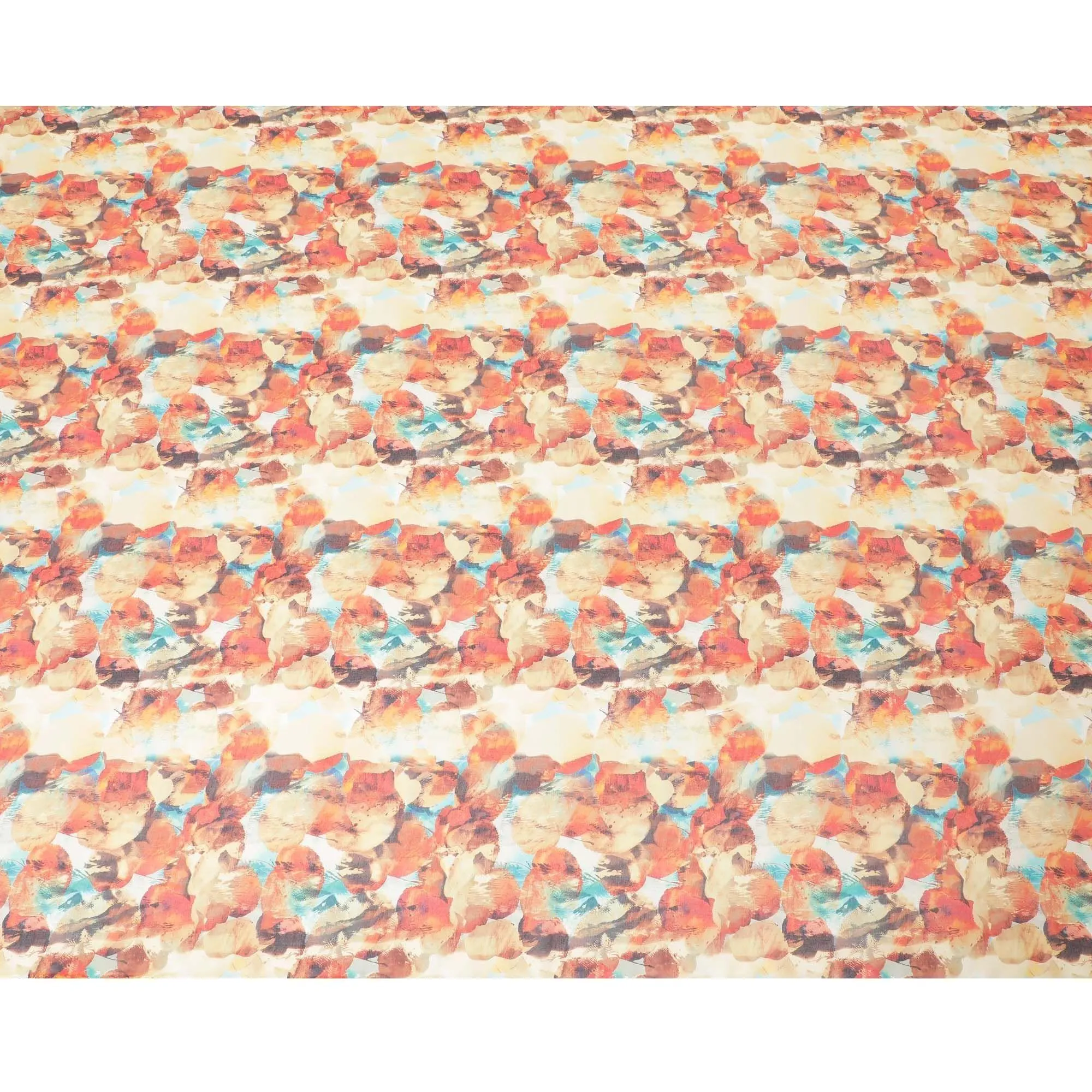 Blonde yellow cotton voile fabric with orange, brown and turquoise blue print in fancy design-D6758