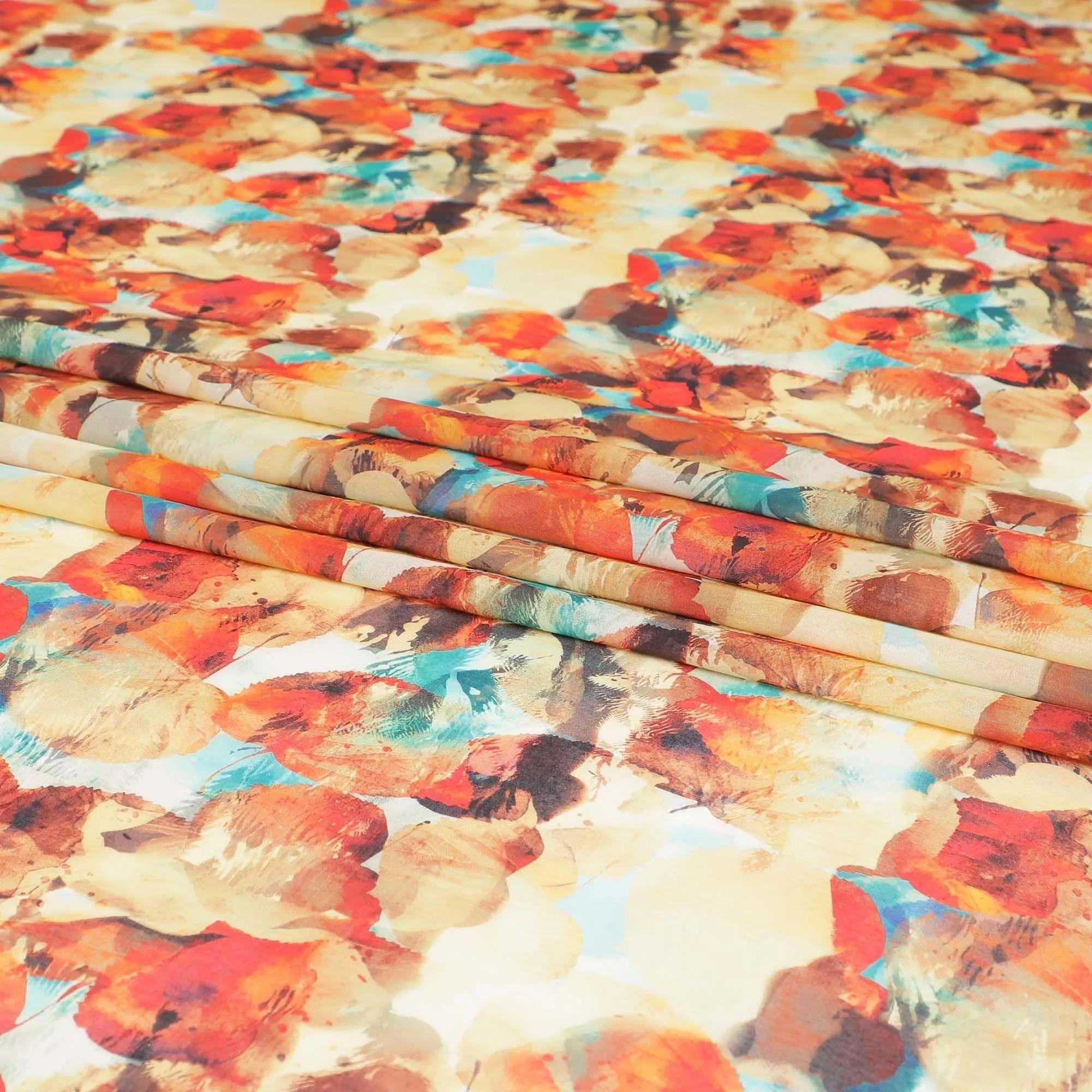 Blonde yellow cotton voile fabric with orange, brown and turquoise blue print in fancy design-D6758