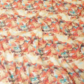 Blonde yellow cotton voile fabric with orange, brown and turquoise blue print in fancy design-D6758