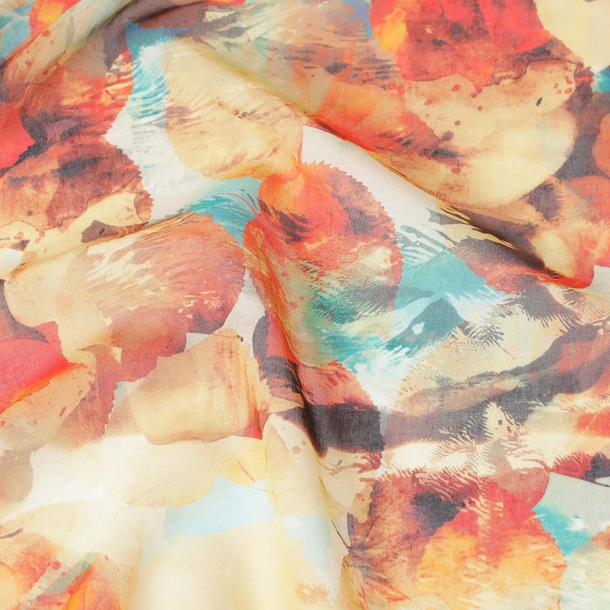 Blonde yellow cotton voile fabric with orange, brown and turquoise blue print in fancy design-D6758