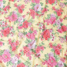 Blonde yellow Swiss cotton voile fabric with olive green, hot pink and ruby red floral print having clip cord design-D6777