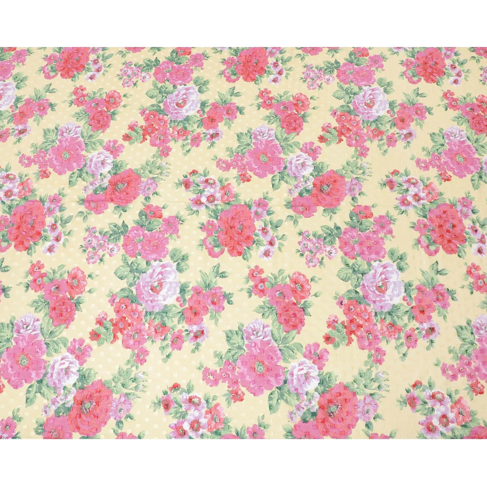 Blonde yellow Swiss cotton voile fabric with olive green, hot pink and ruby red floral print having clip cord design-D6777