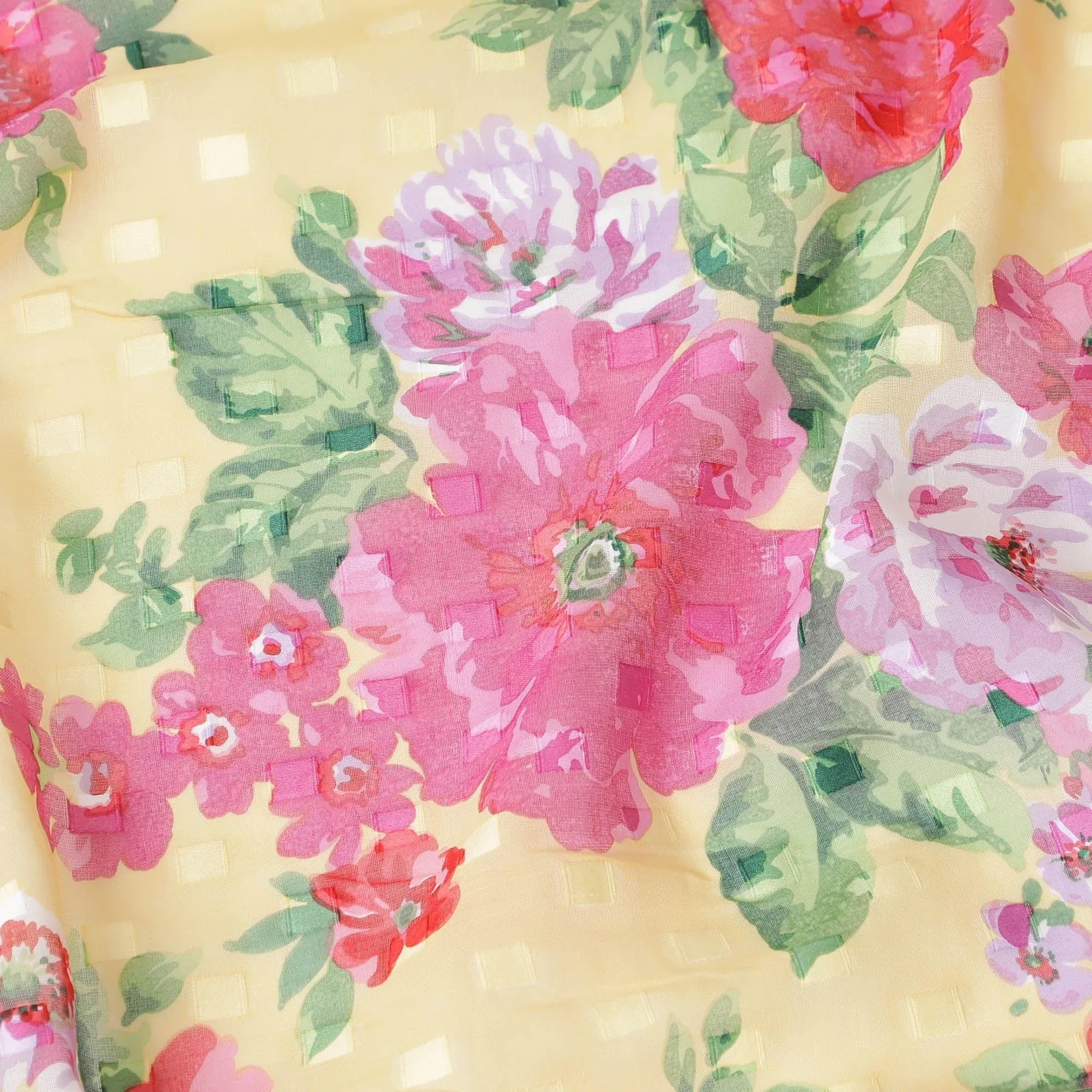 Blonde yellow Swiss cotton voile fabric with olive green, hot pink and ruby red floral print having clip cord design-D6777