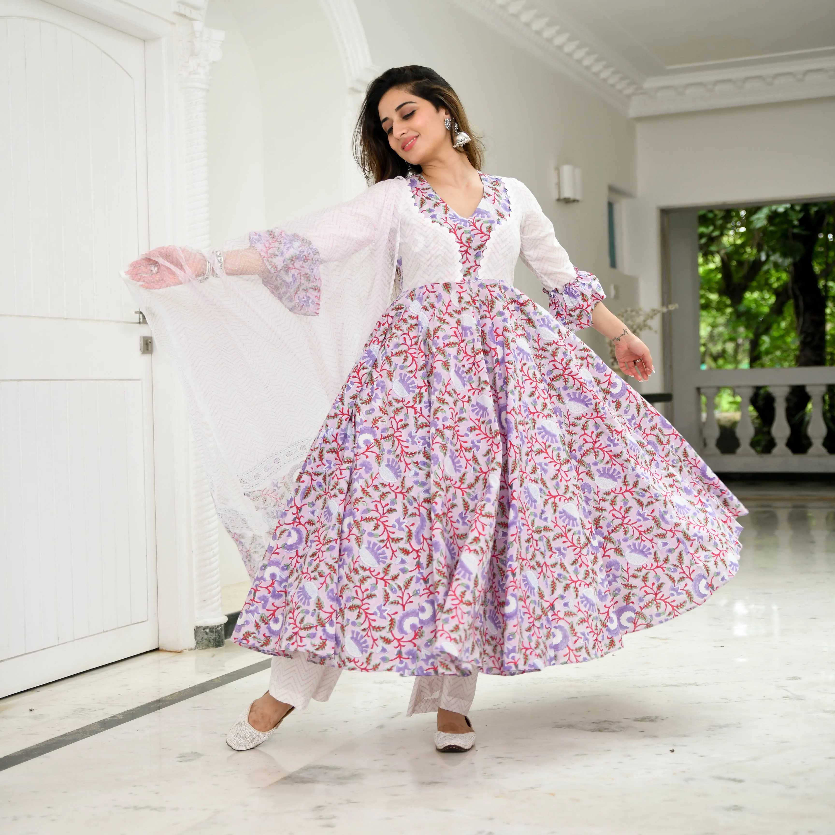 Bunaai Orchid Floral Printed Cotton Suit