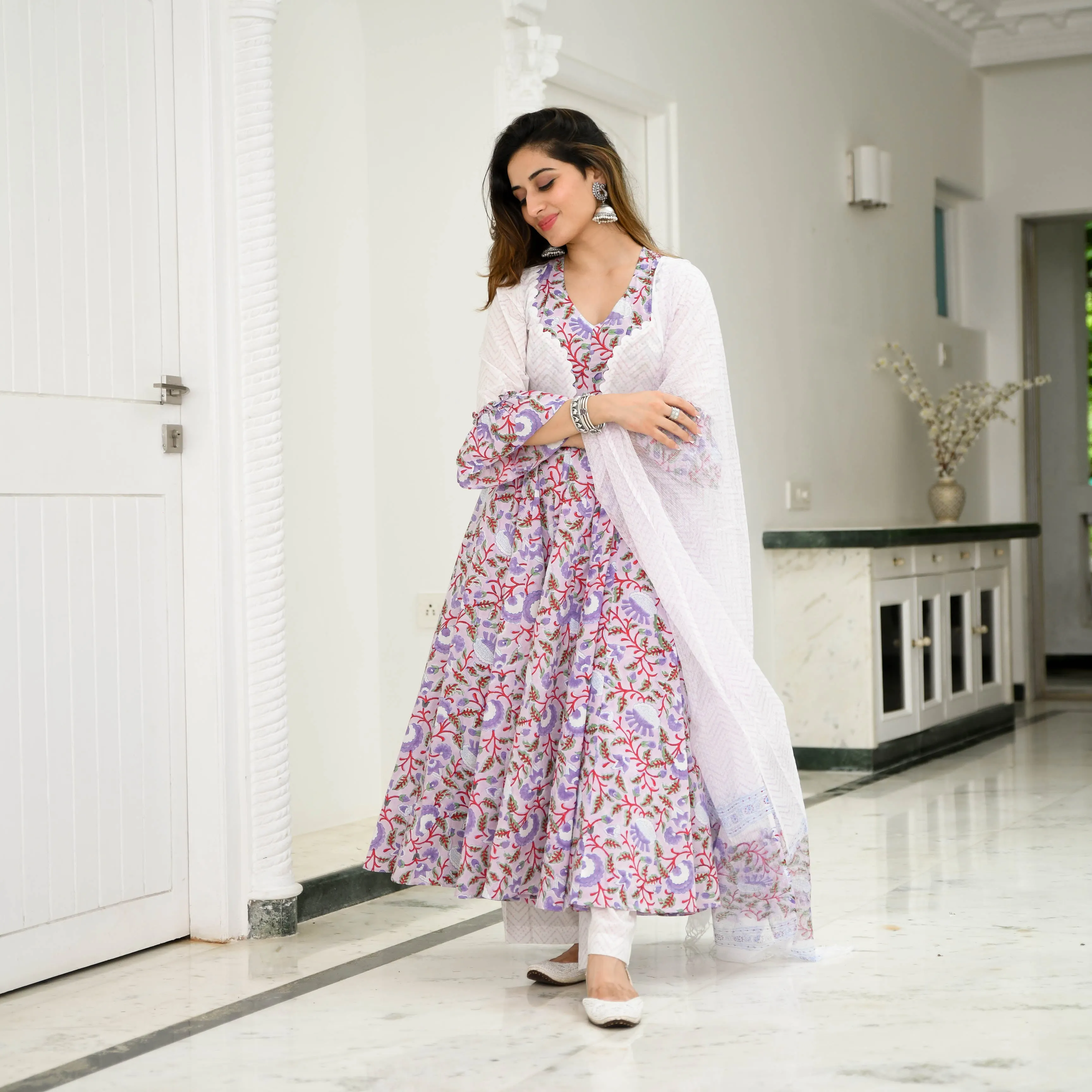 Bunaai Orchid Floral Printed Cotton Suit