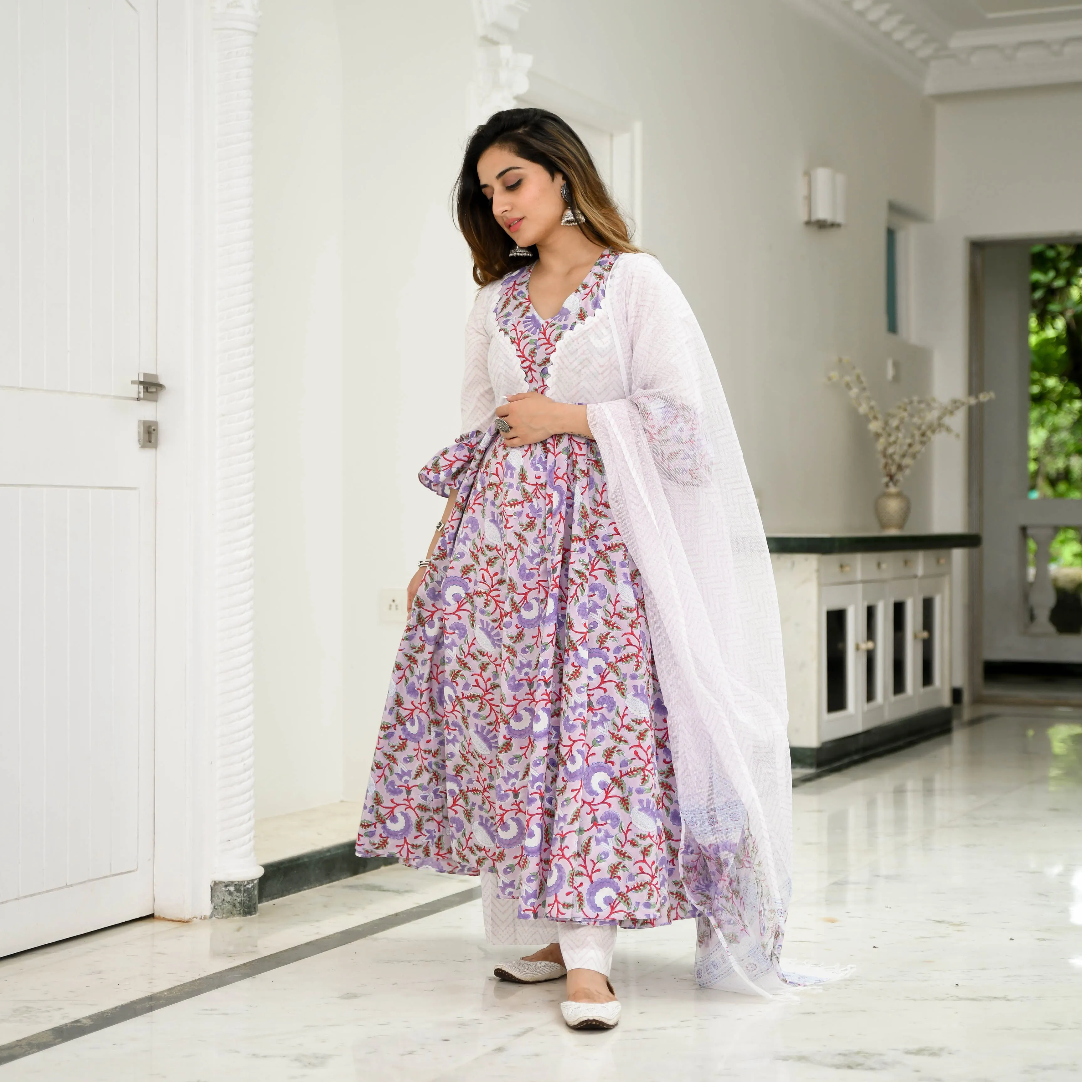Bunaai Orchid Floral Printed Cotton Suit