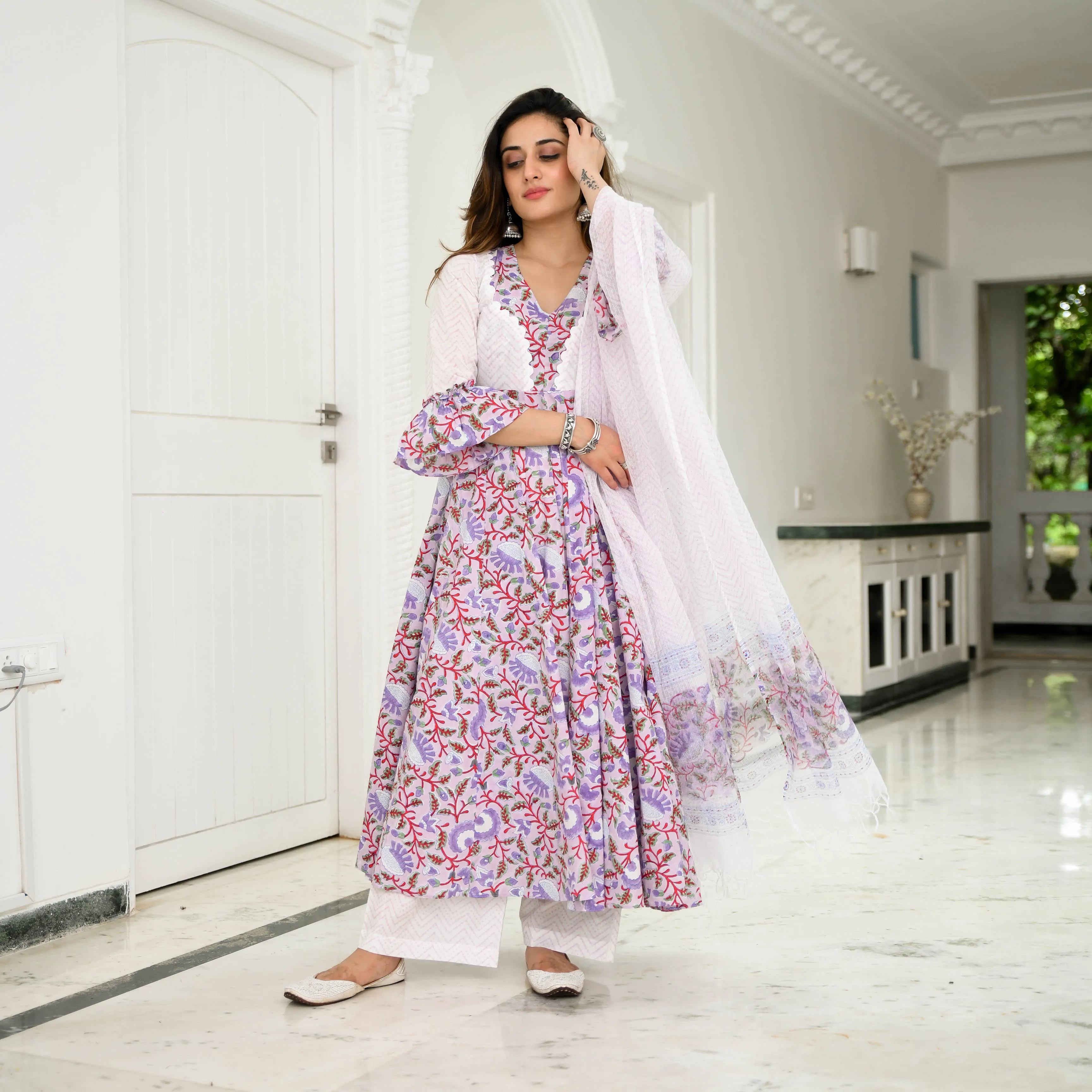 Bunaai Orchid Floral Printed Cotton Suit