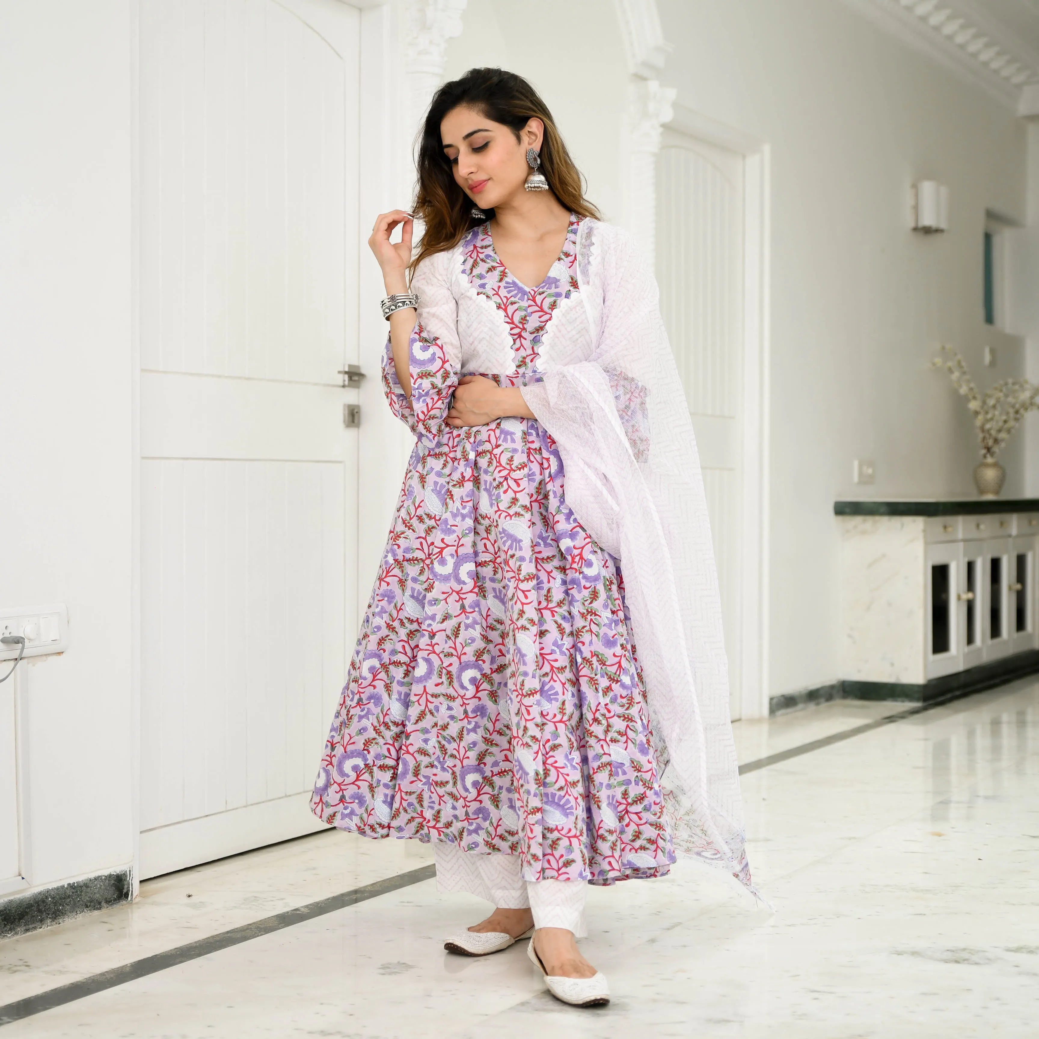 Bunaai Orchid Floral Printed Cotton Suit