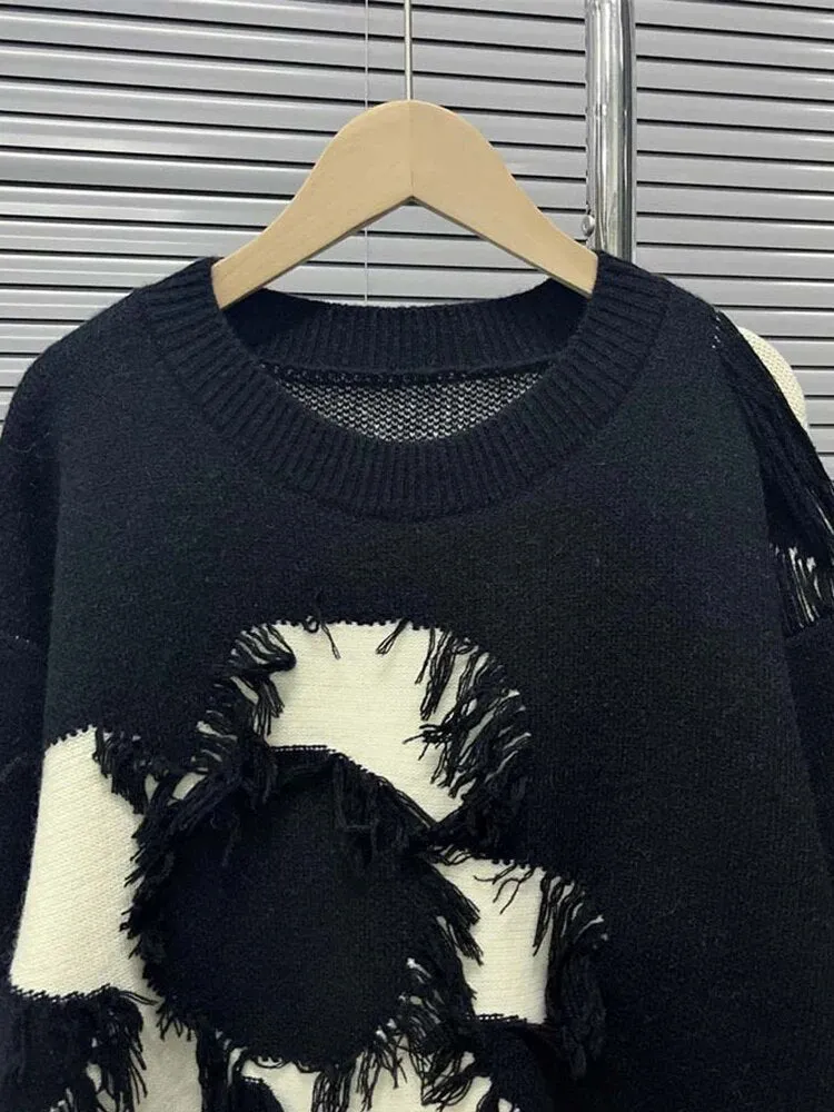 Casual Temperament Sweaters For Women Round Neck Long Sleeve Patchwork Tassel Loose Chic Sweater Female Fashion