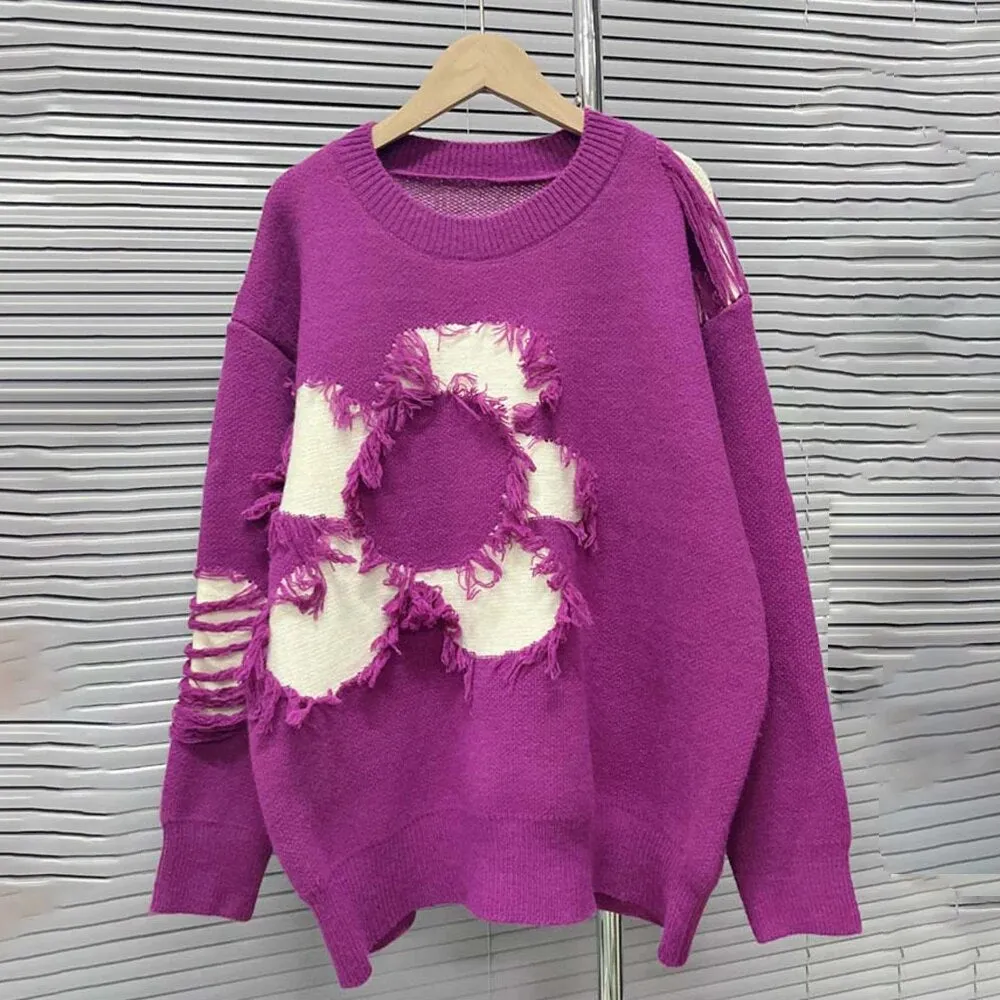 Casual Temperament Sweaters For Women Round Neck Long Sleeve Patchwork Tassel Loose Chic Sweater Female Fashion