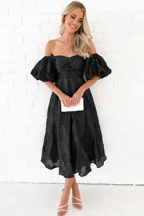 Classic Elegance Puff Sleeve Floral Embroidery Midi Dress - 3 Colors