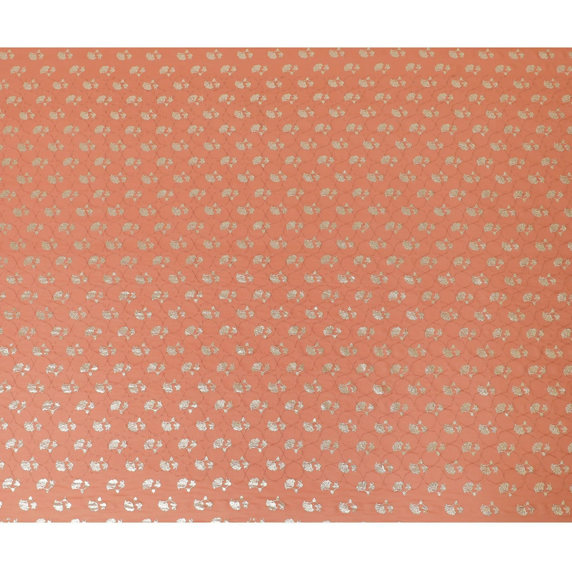 Creamsicle orange synthetic georgette fabric with same tone embroidery having gold foil print in floral design-D12032