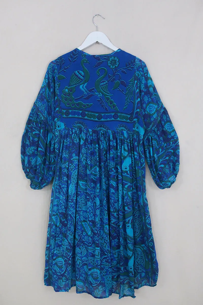 Daisy Midi Smock Dress - Sapphire Blue Stained Glass - Vintage Indian Cotton - Size S