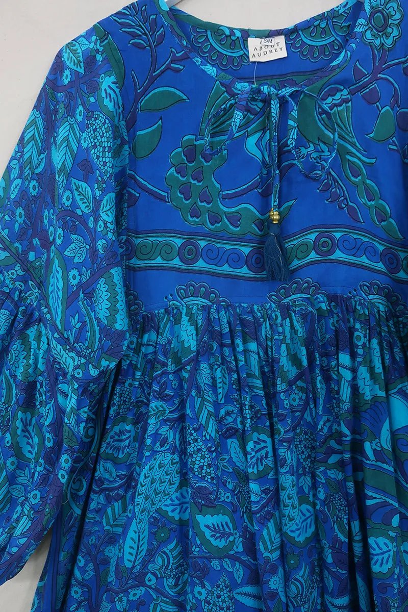 Daisy Midi Smock Dress - Sapphire Blue Stained Glass - Vintage Indian Cotton - Size S
