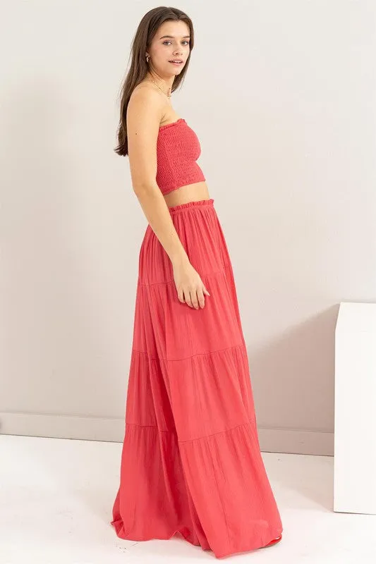 D.Coral Tube Top And Tiered Maxi Skirt Set