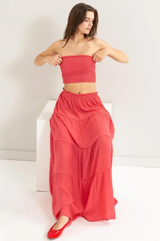 D.Coral Tube Top And Tiered Maxi Skirt Set