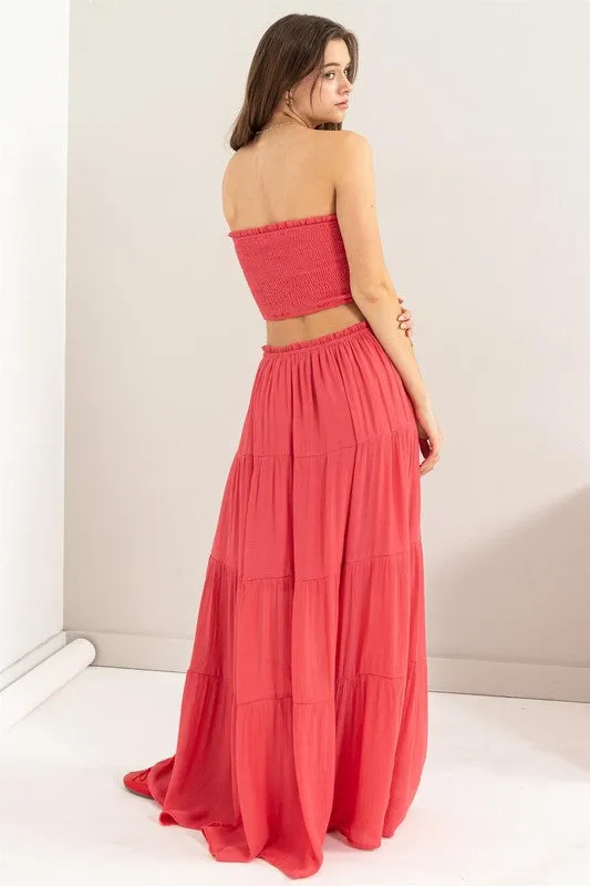 D.Coral Tube Top And Tiered Maxi Skirt Set